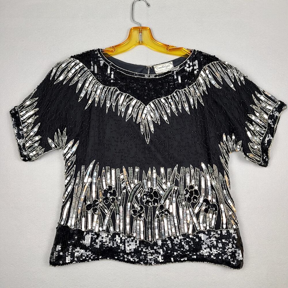 VTG 80s Sequined Beaded Silk Evening Cocktail Blouse Candlelight by Jainsons L